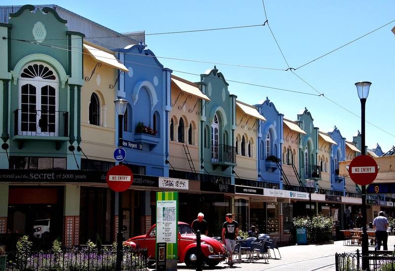 Pastel shopfronts on New Regent Street, Christchurch
